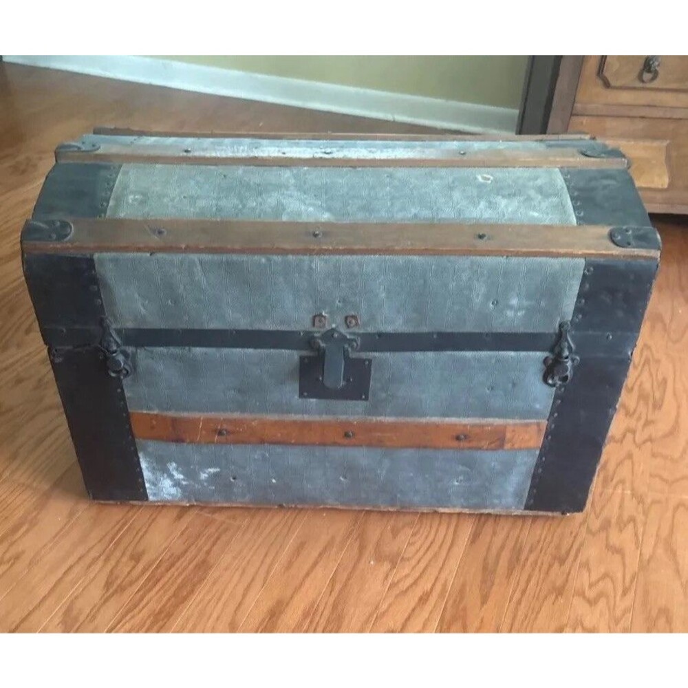 Early 1900s Antique Steamer Trunk – Metal Clad Travel Chest w/ Leather Handles